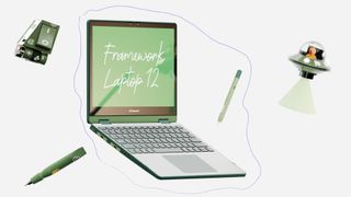 An CGI illustration of a 12' Framework with its stylus and repairment tool